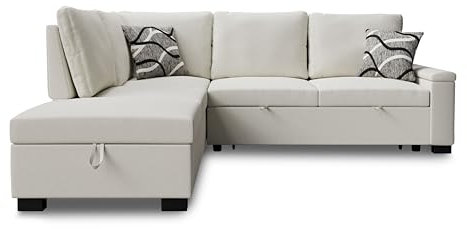 DAKO® Left Hand Sofa Bed Abigail – Cream or Grey 5-Seater with Pull-Out Pouffe, 2 Storage Compartments & Sleeping Function – Modern Upholstered Corner Sofa (Cream)