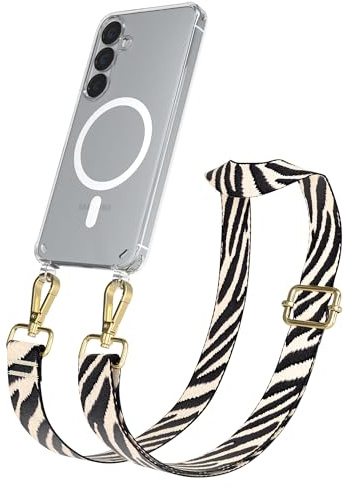 EAZY CASE Handykette - Verstellbares Taschenband kompatibel mit Galaxy S25, Schulterriemen, Handykordel mit Silikon Hülle, Qi Charging kompatibel, Umhängetasche, Zebra - Schwarz Beige Metall Gold