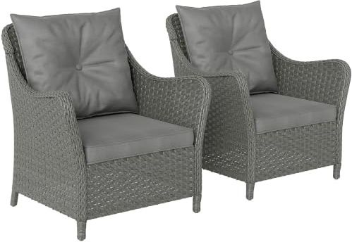 Outsunny Rattan Garden Chairs Set of 2 with Cushions High Back Dark Grey | Outdoor Rattan Chairs, Armrests, PE Wicker Garden Armchair, Steel Frame, for Balcony, Porch