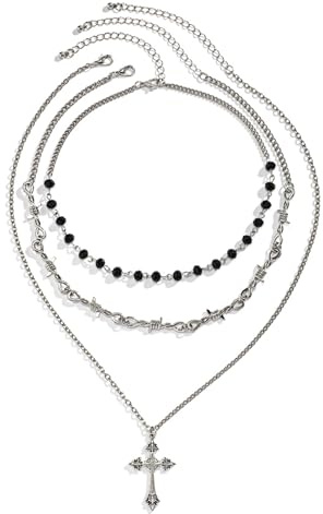 OIDEA Damen Halskette Gothic mit Kreuz: Punk Rock Design mit Kreuz Anhänger Kristallperlen Strass & Edelstahl Kette Stapelbar Kreuzkette Halloween Party Schmuck Geschenk für Frauen Mädchen