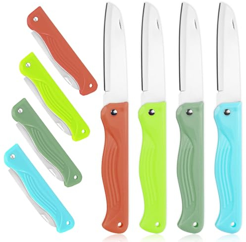 Lomgwumy Foldable Fruit Knife Set, Blade Sharp Exquisite and Beautiful, 4 Colours, Small and Easy to Carry, Foldable Fruit Knife Suitable for Most Types of Vegetables and Fruits (8 Pieces)