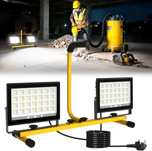 LED Work Light with Tripod 11000LM with Handle, 2 Adjustable Heads | 13FT Power Cable IP66 Waterproof Site Light, Portable Stand Floodlight for Job Site, Outdoor, Garage, Workshop.