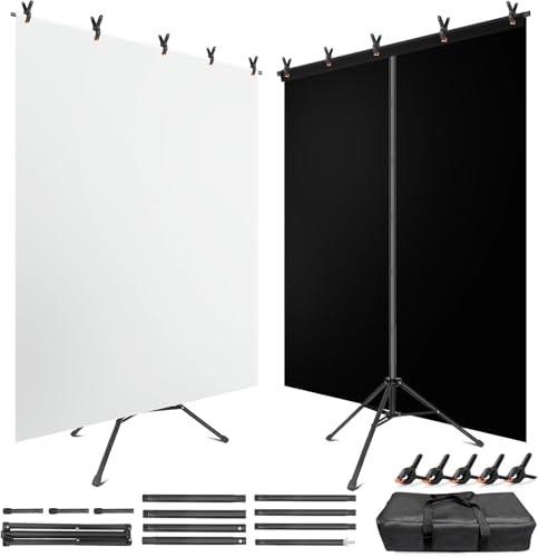 JEBUTU Schwarz & Weiß Hintergrund mit Ständer 1,5 m x 2,1 m | Verstellbarer, mit 5 Federklemmen & Tragetasche | Hintergrundsystem für Fotografie Photo Video Studio Halloween Party