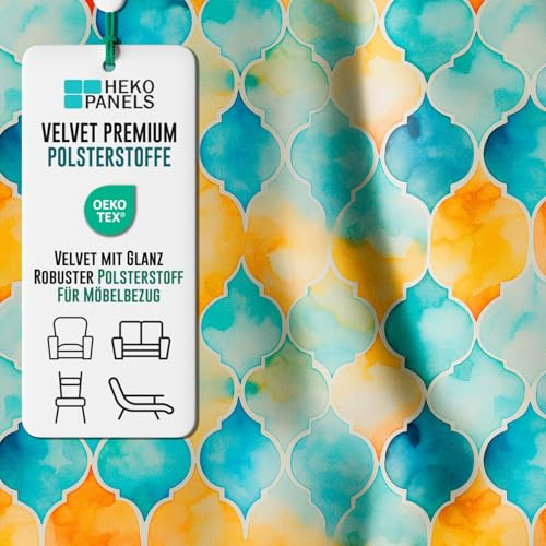 HEKO PANELS Premium Polsterstoff Velvet, Geometrisch, 1 Meter 140 x 100 cm | Bedruckter Samt mit Glanz, schwer entflammbar, mit Polsterunterlage, weiche Meterware zum Nähen, Möbelstoff, Polyester