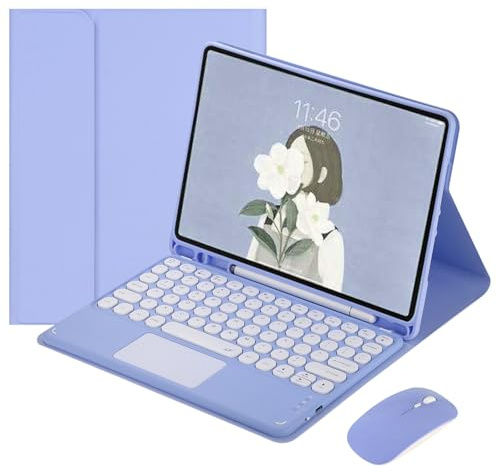 HENGHUI Étui avec clavier et souris pour iPad Mini 5e génération/iPad Mini 4 avec clavier coloré amovible et pavé tactile, jolie touche ronde, violet