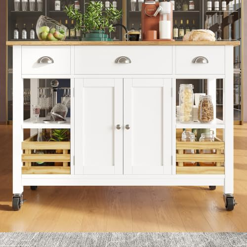 Merax Rolling Kitchen Island Storage Trolley with Large Cabinet, 3 Drawers, Spice Rack, Adjustable Shelf, Folding Sideboard | Kitchen Cart on Wheels for Dining Room Organiser - White