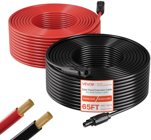 VEVOR Rallonge Panneau Solaire 6 mm² Câble d'Extension de Panneau Solaire 19,81 m Noir 19,81 m Rouge avec Connecteurs MC4 pour Systèmes Photovoltaïques Extérieurs, Fil de Cuivre Étamé, Étanche IP67