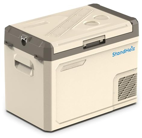 StandHeiz Kompressor Kühlbox 40L – Mini Kühlschrank mit App-Steuerung & ECO-Modus, 12V/24V/230V für Auto, Camping, Wohnmobil & LKW, Gefrierfunktion bis -20°C, Beige-Braun