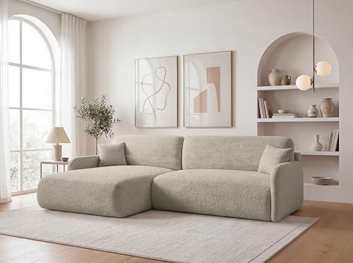 KP-Meble Ecksofa mit Schlaffunktion - 253x175 cm Bouclé Beige – Modernes L-Sofa, Schlafsofa mit Bettkasten, Große Couch mit Stauraum Pierr (Anthology 20, Links)