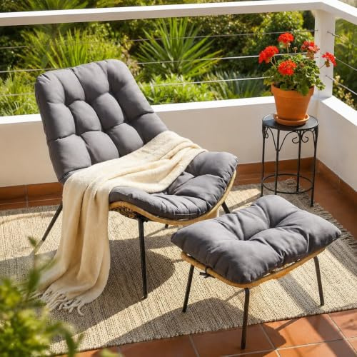 LIFERUN Gartenstuhl mit Hocker, Loungesessel Rattan, Gartensessel Wetterfest, bis 120 kg, Balkonsessel mit Abnehmbarem Kissen, Waterproof, für Garten Balkon Wohnzimmer Hof Schlafzimmer Terrasse, Grau