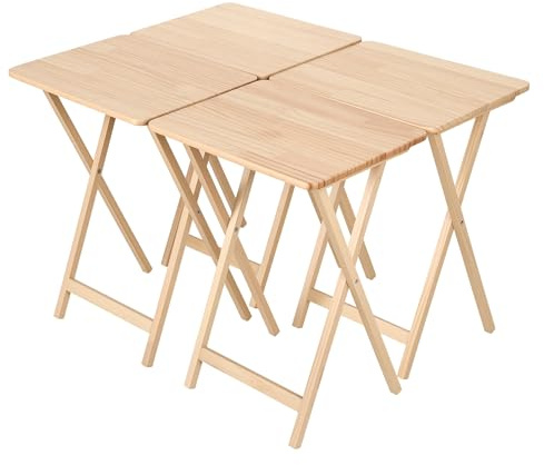 ohfruit Portable Folding TV Tray Table – 4-Piece Set, Solid Wood with Natural Finish & Metal Frame, Space-Saving for Snacks, Laptop, or Dinner 4PCS AA