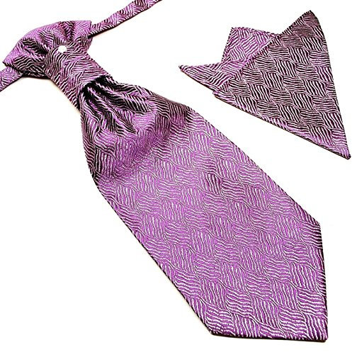 GASSANI Set da 3 pezzi cravatta Plastron con spilla e fazzoletto da taschino, in 23 design, già allacciata, Viola | strisce argentate, Taglia unica