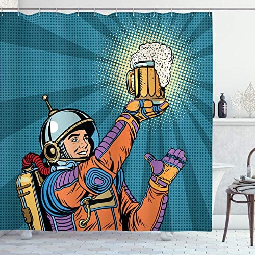 ABAKUHAUS Astronaut Duschvorhang, Astronaut hält Bier, Stoffliches Gewebe Badezimmerdekorationsset mit Haken, 175 x 200 cm, Teal Orange