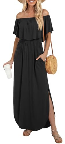 LILBETTER Womens Off The Shoulder Ruffles Pockets Dress Side Split Maxi Dresses (Black X-Large)