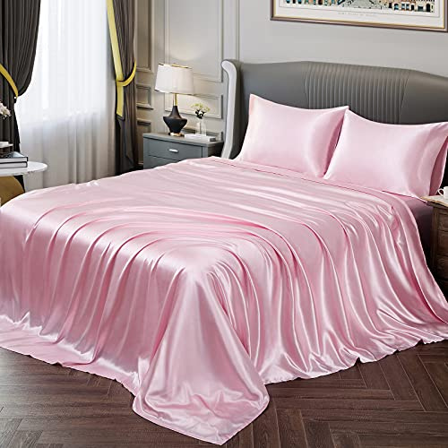 Vonty Satin-Bettwäsche-Set, weich, seidig, Kingsize-Bett (180 x 200 cm), Rosa, 1 tiefes Spannbetttuch + 1 Bettlaken + 2 Kissenbezüge