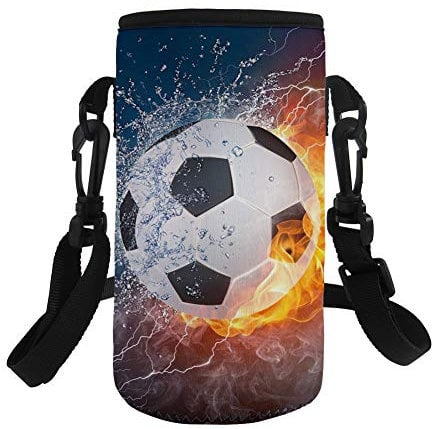 Showudesigns Soccer Water Bottle Carrier with Shoulder Strap Kids Cross Body Insulated Neoprene Drink Bottle Cover Bag Pouch Holder for Boys Girls Outdoor Sport Running School Picnic
