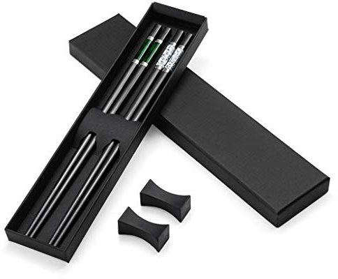 2 Paia di Bacchette Giapponesi di Alta qualità in Lega di Alluminio Nero + 2 Bacchette per Chopstick, Bacchette in Acciaio Inox con Supporto, Set Regalo di Bacchette Cinesi