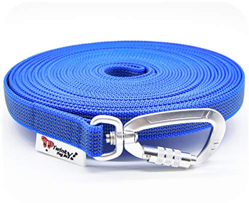 Twinkys Dog Style Schleppleine gummiert mit Sicherheitskarabiner 20 mm breit für Hunde bis 50 kg - MIT Handschlaufe 20 Meter Blau Made in Germany