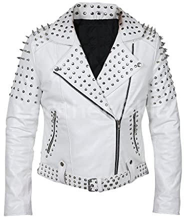 HiFacon Gothic Herren Spike Brando Motorrad Punk Rock World Nieten Retro Weiß Biker Lederjacke, Weiß - Lederjacke mit Nieten, XXL