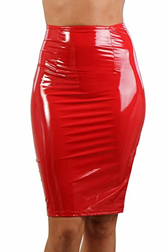 MISS NOIR Damen Röcke Wetlook Vinyl Bodycon Clubwear Knielänge Party Lack Rock (Rot (194661-RD), XXL)