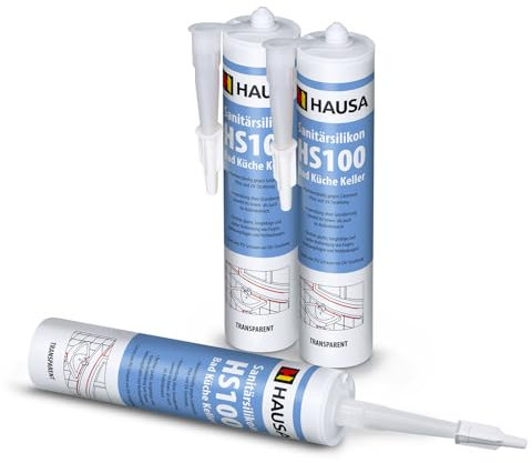 HAUSA Sanitär-Silikon HS100 transparent 3x 310ml hochelastische Fugendichtmasse für Bad Dusche Küche schimmelresistenter wasserdichter Acetat Silikon-Dichtstoff in Kartusche zum Abdichten Verfugen