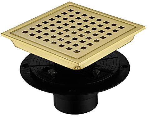 Orhemus - Scarico per doccia quadrato da 15,8 cm, con flangia di scarico regolabile, in acciaio inox SUS 304, con griglia di copertura rimovibile, finitura in ottone dorato spazzolato