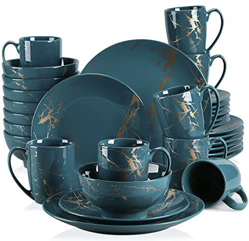 LOVECASA Tafelservice porzellan, Serie Daphne, SWEET 32-teiliges Kombiservice Set, Ess Geschirrset mit Goldspritzer Design, Speiseteller, Dessertteller, Müslischalen und Kaffeetassen für 8 Personen