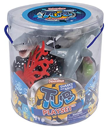 Tub Playset Badewannen Spielset – Haifische und Rochen von Deluxebase. Sea Life Spielzeugset für Kinder. Fantasiespielzeug mit 4 Haie, Stachelrochen und vieles mehr