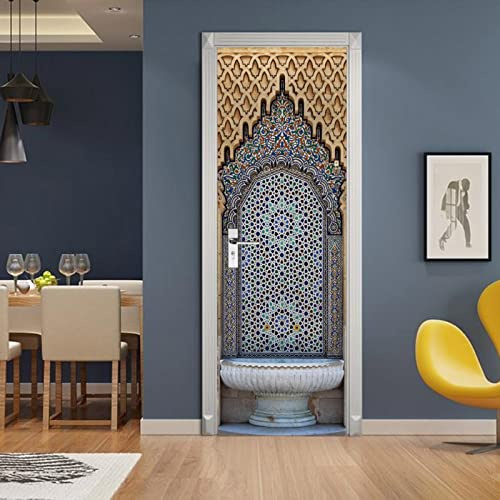 A.Monamour 3D Door Stickers for Interior Doors Moroccan Style Ancient Water Fountain with Colorful Mosaic Tiles Vinyl Removable Self Adhesive Door Poster Wallpaper Mural Decals for Bedroom 95 x 215 cm