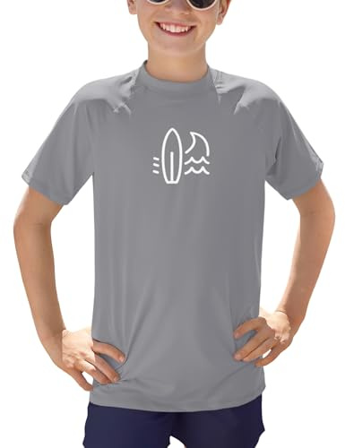 BesserBay Kinder Rundhals UPF 50+ Badeshirt UV Shirt Grau Kurzarm Schwimmshirt Bademode Rashguard 120
