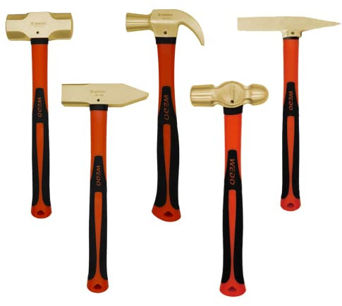 WEDO 5 Piece Hammer Set, 1.5lb Claw Hammer | 3.3lb Sledge Hammer | 2lb Ball Pein Hammer | 0.7lb Scaling Hammer | 3.4lb Cross Pein Engineers’Hammer,Non-sparking,Fiberglass Handle,Aluminum Bronze