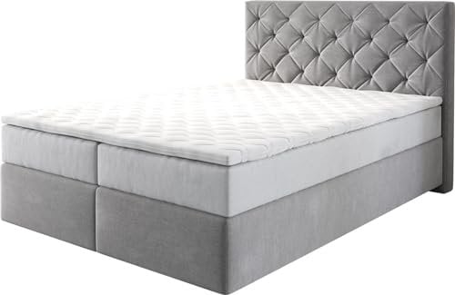 DELIFE Boxspringbett Dream-Great Mikrofaser Grau 140x200 cm mit TFK Matratze und Visco Topper