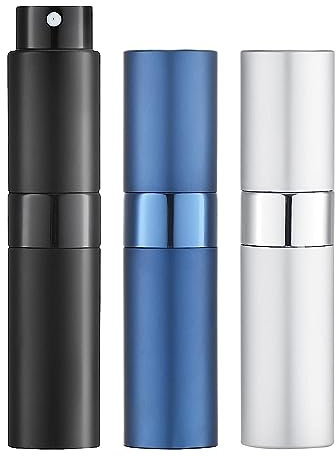 Toureal Minibotella vacía de perfume, pulverizador de perfume, atomizador de perfume, recargable, BlackBlueSilver 3 unidades de 8 ml