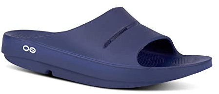 OOFOS OOahh Slide – leichte Erholungsschuhe – reduziert die Belastung auf Füße, Gelenke und Rücken – maschinenwaschbar, Marineblau, 10 Women/8 Men