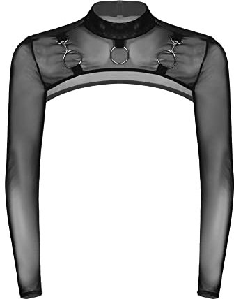 iEFiEL Herren T-Shirt Langarm Unterhemd Transparent Brust Harness Glänzend Muskelshirt Shrug Top Nachtclub Sommerhirts Schwarz Mesh S