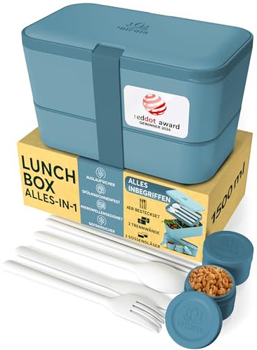 Umami Lunchbox Erwachsene, Verschachtelbar Auslaufsichere Bento Box mit 4 Bestecke & Fächern, Brotdose Erwachsene, Salatbehälter To-Go, Lunch Box für Picknick/Büro, Minzblau, 1500 ml