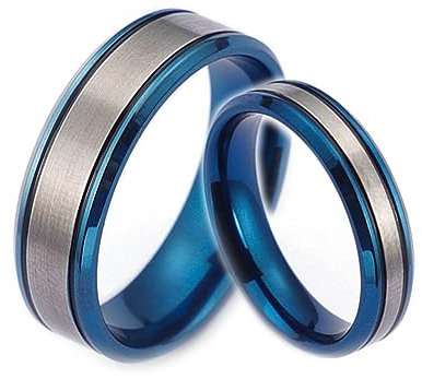 Trauringe Paarpreis Edelstahl mit Gravur, Trauringe Partnerringe 5/7mm Blau Silberring Mattiert Fertig Ring Damen 62 (19.7)+ Herren 54 (17.2)