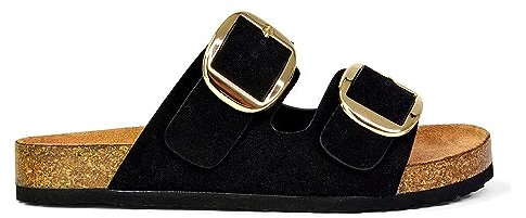 ESSEX GLAM Flache Damen-Sandalen, große Doppelriemen, Schnalle, offener Zehenbereich, Slip-On, lässig, Urlaub, Slider, Pantoletten, Größe 36-42, Schwarz , 40 EU