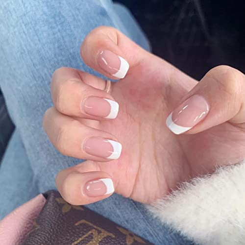 JUSTOTRY 24 Pcs Glossy Carrés Faux Ongles Court Motif,Blanc French Press on Nails Courts,Faux Ongle avec Colle Pour Femme et Ado,Nude Square Faux Ongles à Coller Nail Art