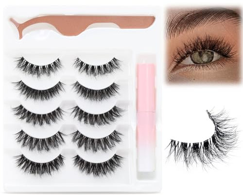3D Fluffy False Eyelashes with Glue 5 Pairs Transparent Band Natural Look Fake Lashes and Glue 10-15mm Eyelash Glue with Lashes Eye 3D Effect Soft and Long False Lashes Kit by EMEDA (Fluffy mix)