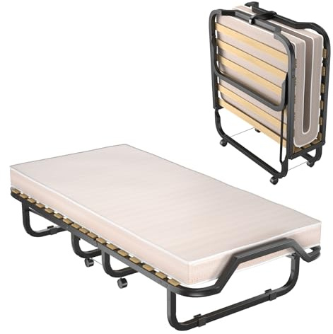 GOPLUS Gästebett 90×200 cm, Einzelbett klappbar mit Memoryschaummatratze, Stahlrahmen, 4 Universalrollen, Klappbett für Gästezimmer, Wohnzimmer, Camping & Büro