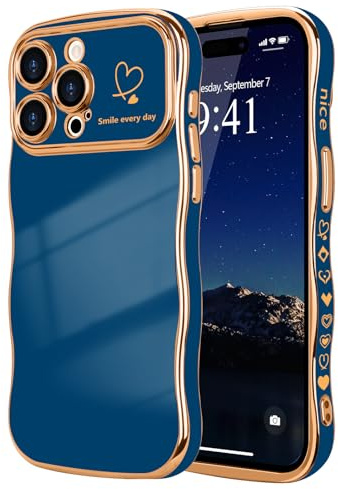 LCHULLE for iPhone 14 Pro Case Cute for Women Girls Wavy, Navy Blue | Luxury Plating Curly Wave Shape Frame with Love Heart Pattern, Raised Camera Protection Back Cover Shockproof Phone Case