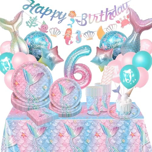 Komicea Décoration Sirène 6 Ans, Vaisselle Jetable Anniversaire avec Ballons, pour Fête Fille Baby Shower (16 Invités)