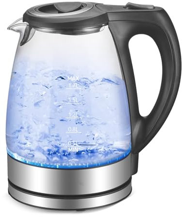 facaio Hervidor de Agua Eléctrico, Vidrio Borosilicato, con Iluminación Led, 1,7 Litros, Libre de Bpa, 2200 W, Base 360º, Filtro Antical, Doble Sistema de Seguridad