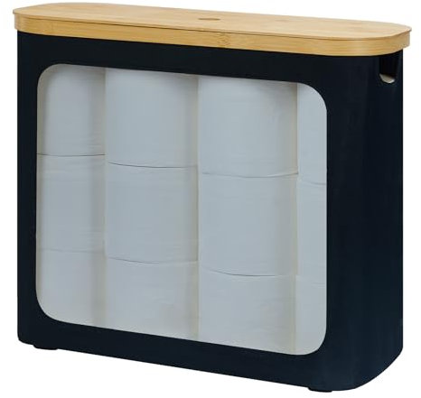 ROSOS Toilet Roll Storage, Toilet Paper Storage with Lid for 12 Rolls, Toilet Roll Basket for Bathroom, Free Standing Toilet Paper Holder with Storage, Toilet Roll Storage Box, Black
