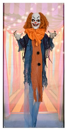 HOMCOM 168cm Halloween Dekoration Halloween Zirkusclown Lebensechte Größe Zirkusclown mit Rot Leuchtende Augen verstellbare Arme, Garten Dekoration mit LED-Lichter, Soundfunktion
