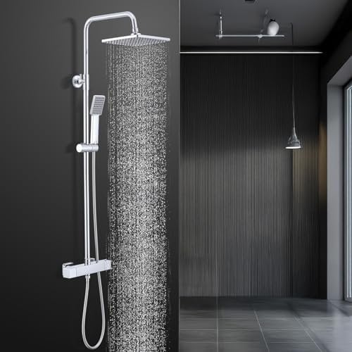 HOMELODY Duschsystem mit Thermostat Chrom - Duscharmatur Edelstahl Regendusche mit Armatur inkl.Sicherheitssperre bei 38°C, ABS Handbrause,Kopfbrause,Verstellbarer Duschstange,Duscharmatur komplettset