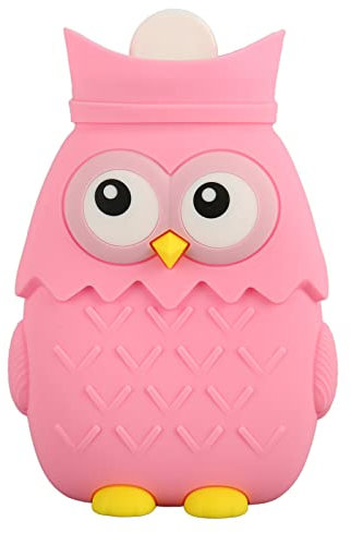 Qukaim Bouillotte en silicone avec motif dessin animé, chauffage au micro-ondes, 400 ml, en forme de hibou rose, sac d'eau chaude portable, design par injection d'eau