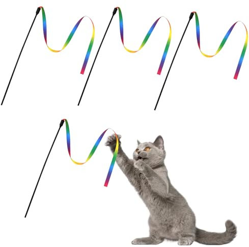 Lot de 4 Baguett interactives pour Chat - Bâtons de Ruban en Tissu coloré Jouet pour Chat d'intérieur Jouet interactif pour Chat 30cm de Long pour l'éducation des Chatons et des Chats