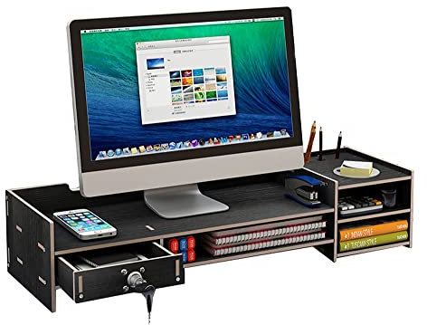 Monitorständer aus Holz mit abschließbarer Schublade und Aufbewahrungsregal, Büro-Desktop-Nizer für Computer, Druckerständer, Schwarz